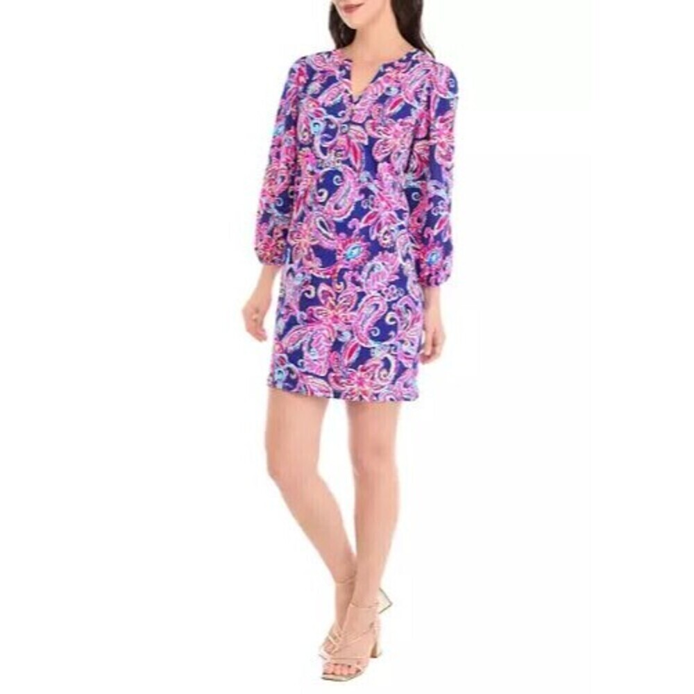 Lilly Pulitzer Emery Dress Medium Multi Pink Navy Flitting About Knit 3/4 Sleeve